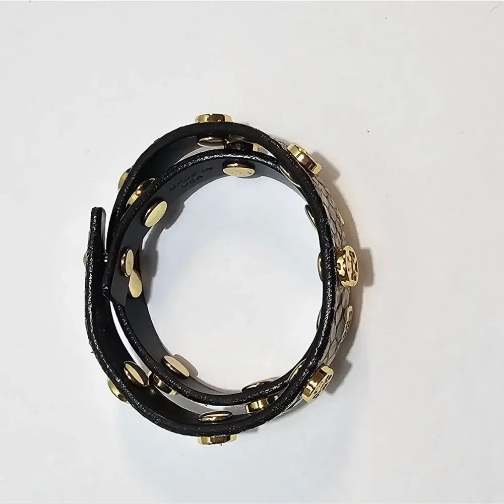 Tory Burch Snakeskin Black &‎ Brown Leather Logo Studded Double Wrap Bracelet